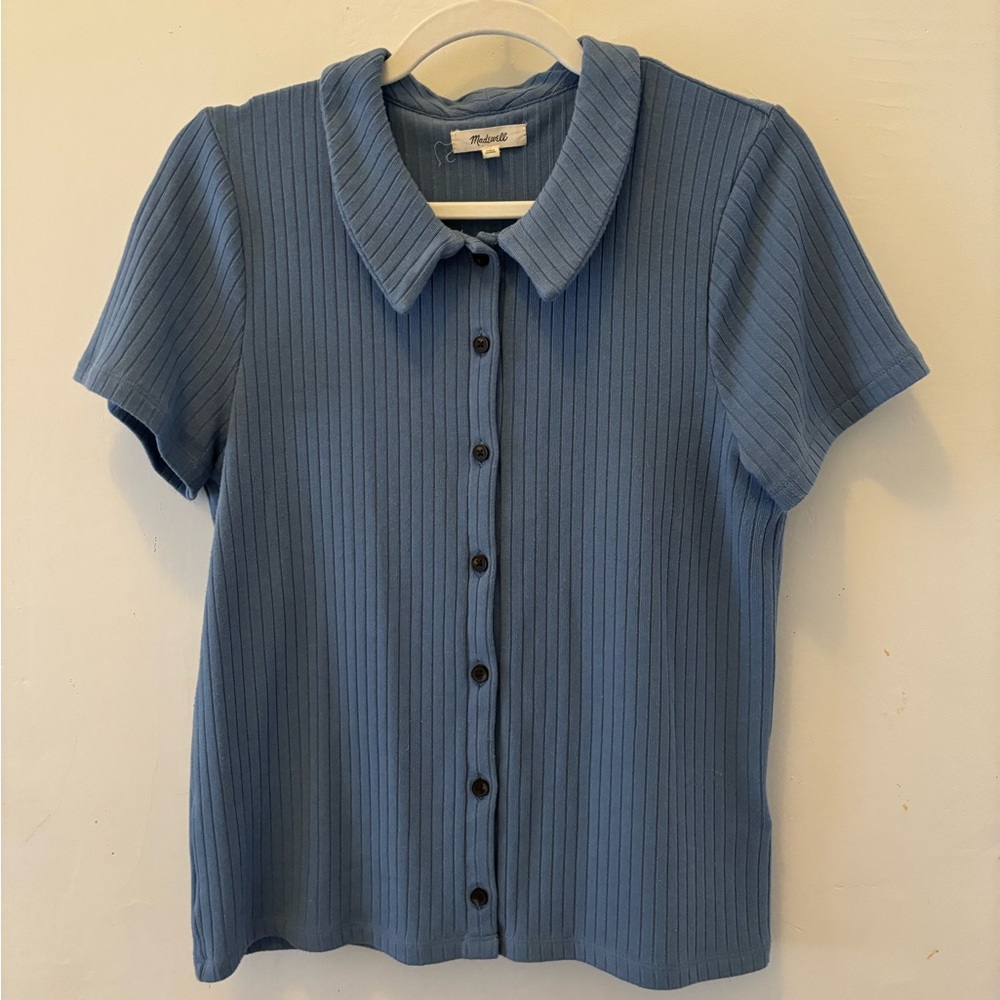 Madewell Ribbed Polo Button-Front Tee in Distant Ocean